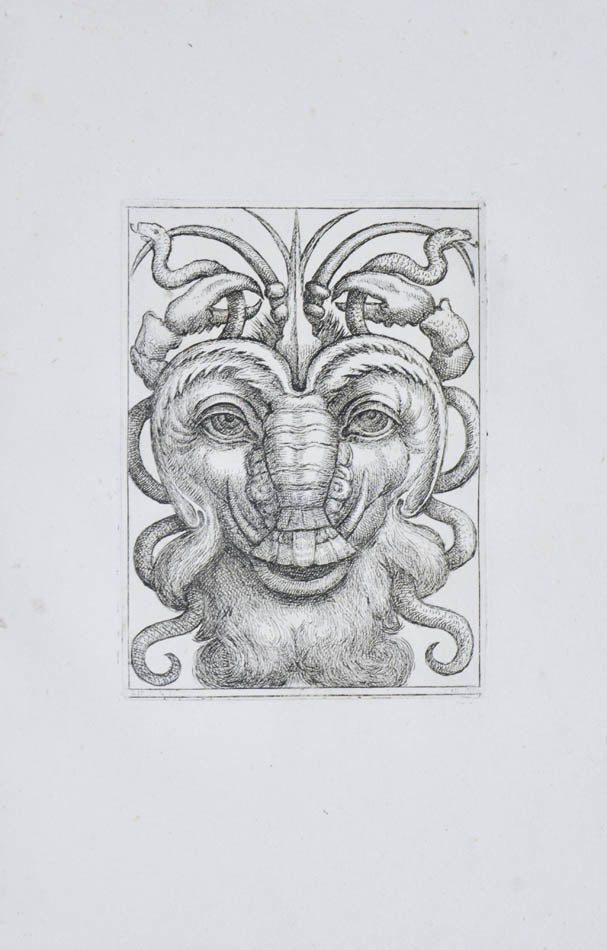 Rare. Strong impressions of etchings of grotesque masks, after original designs by the Italian (Roman) artist and engraver Aloisio Giovannoli.