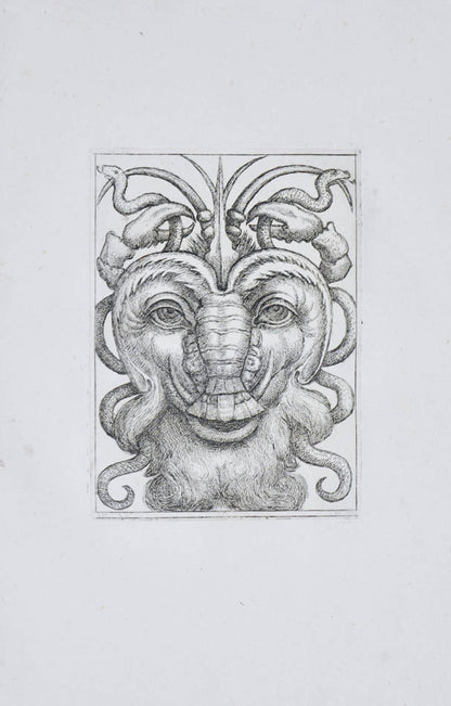 Rare. Strong impressions of etchings of grotesque masks, after original designs by the Italian (Roman) artist and engraver Aloisio Giovannoli.