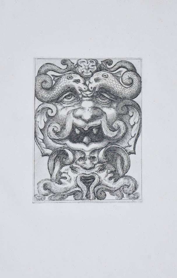 Rare. Strong impressions of etchings of grotesque masks, after original designs by the Italian (Roman) artist and engraver Aloisio Giovannoli.