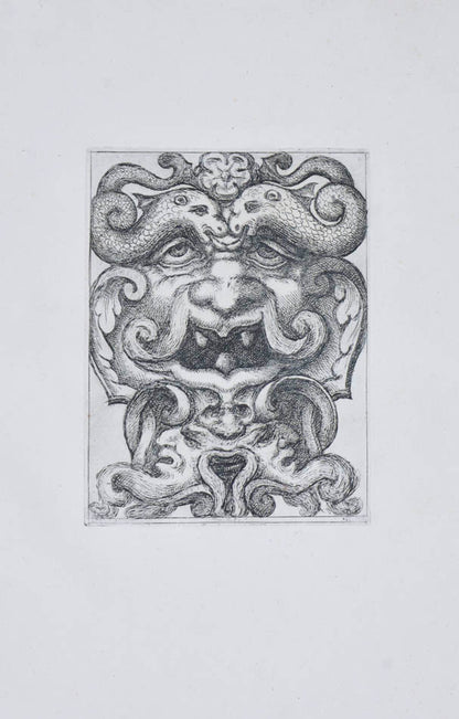 Rare. Strong impressions of etchings of grotesque masks, after original designs by the Italian (Roman) artist and engraver Aloisio Giovannoli.