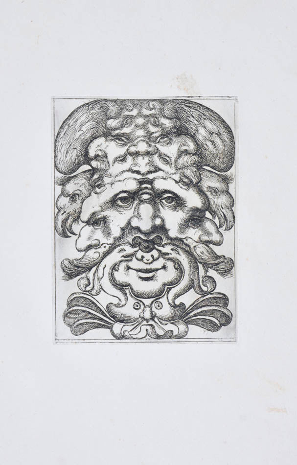 Rare. Strong impressions of etchings of grotesque masks, after original designs by the Italian (Roman) artist and engraver Aloisio Giovannoli.