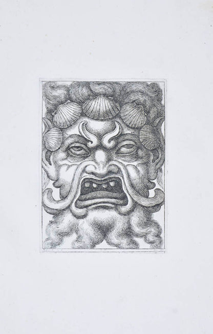 Rare. Strong impressions of etchings of grotesque masks, after original designs by the Italian (Roman) artist and engraver Aloisio Giovannoli.