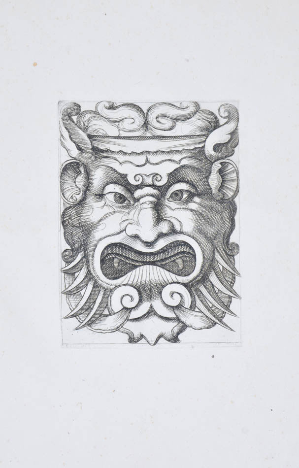 Rare. Strong impressions of etchings of grotesque masks, after original designs by the Italian (Roman) artist and engraver Aloisio Giovannoli.
