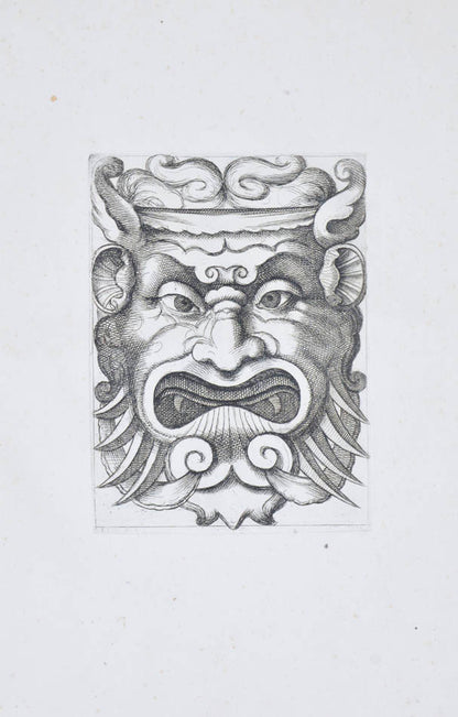 Rare. Strong impressions of etchings of grotesque masks, after original designs by the Italian (Roman) artist and engraver Aloisio Giovannoli.
