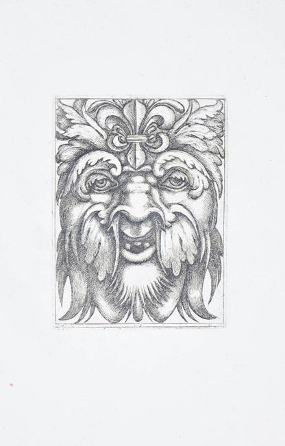 Rare. Strong impressions of etchings of grotesque masks, after original designs by the Italian (Roman) artist and engraver Aloisio Giovannoli.