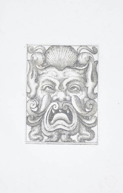 Rare. Strong impressions of etchings of grotesque masks, after original designs by the Italian (Roman) artist and engraver Aloisio Giovannoli.
