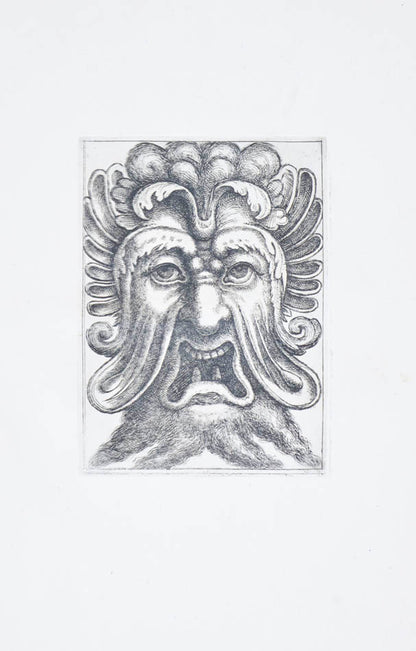 Rare. Strong impressions of etchings of grotesque masks, after original designs by the Italian (Roman) artist and engraver Aloisio Giovannoli.