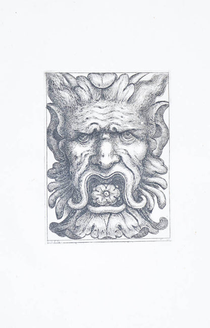 Rare. Strong impressions of etchings of grotesque masks, after original designs by the Italian (Roman) artist and engraver Aloisio Giovannoli.