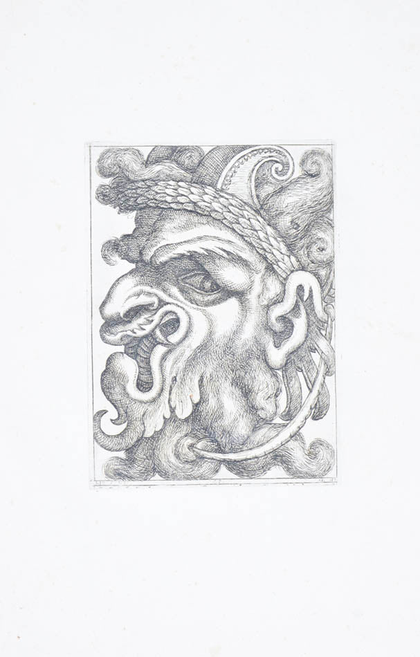 Rare. Strong impressions of etchings of grotesque masks, after original designs by the Italian (Roman) artist and engraver Aloisio Giovannoli.