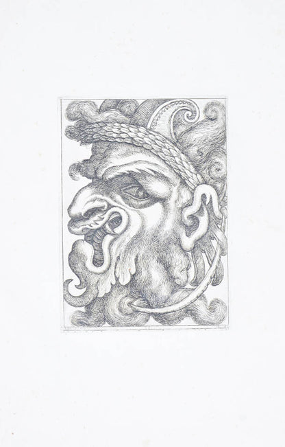 Rare. Strong impressions of etchings of grotesque masks, after original designs by the Italian (Roman) artist and engraver Aloisio Giovannoli.
