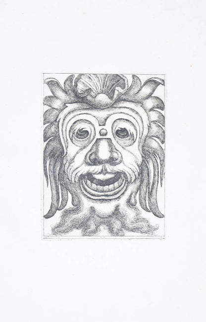 Rare. Strong impressions of etchings of grotesque masks, after original designs by the Italian (Roman) artist and engraver Aloisio Giovannoli.