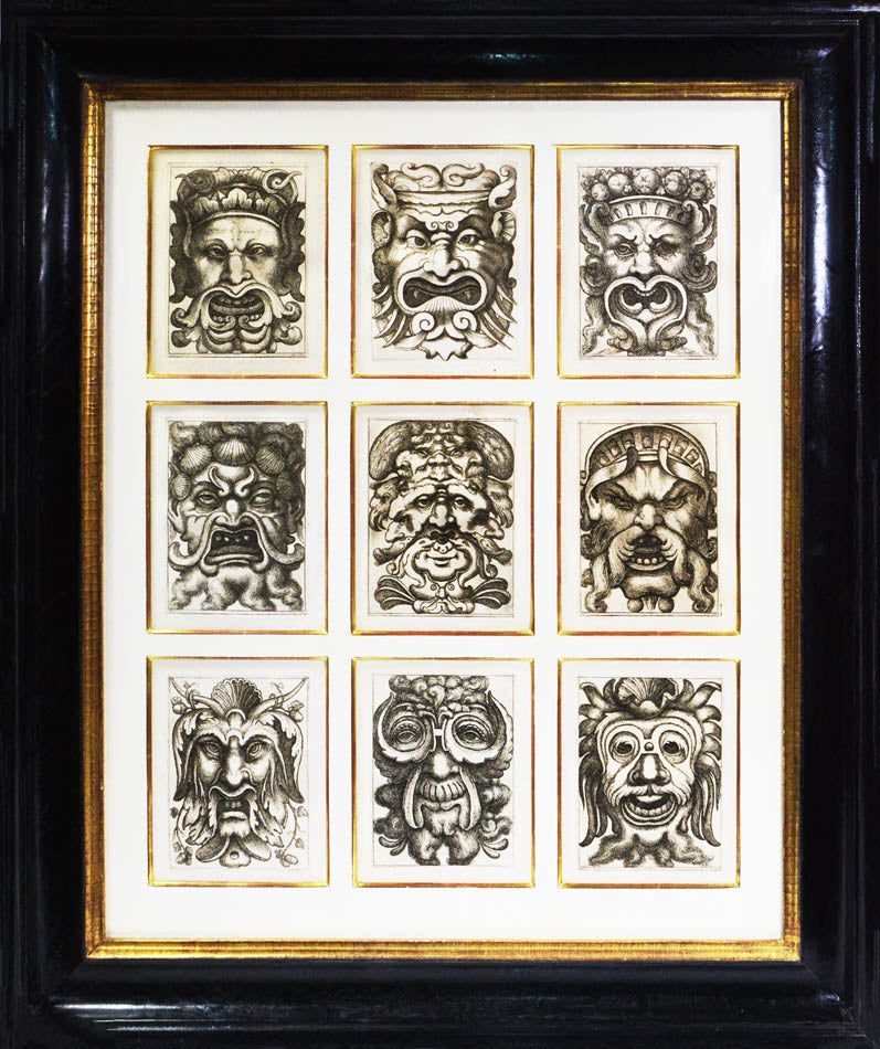 Rare. Strong impressions of etchings of grotesque masks, after original designs by the Italian (Roman) artist and engraver Aloisio Giovannoli.