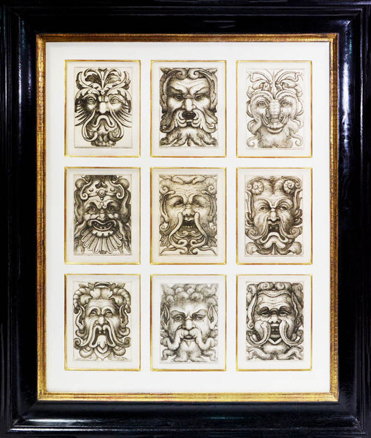Rare. Strong impressions of etchings of grotesque masks, after original designs by the Italian (Roman) artist and engraver Aloisio Giovannoli.