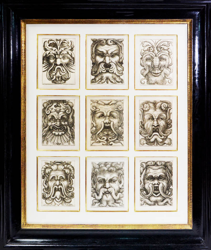 Rare. Strong impressions of etchings of grotesque masks, after original designs by the Italian (Roman) artist and engraver Aloisio Giovannoli.