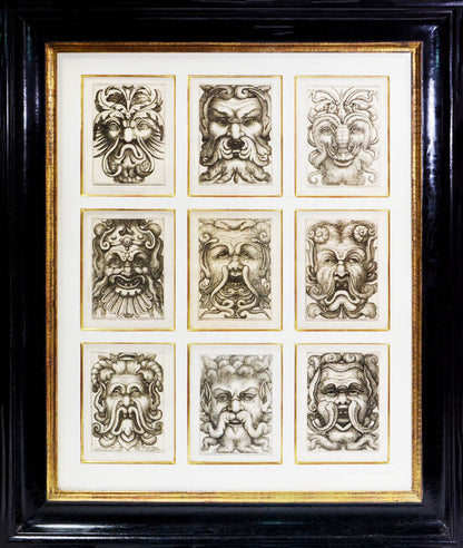 Rare. Strong impressions of etchings of grotesque masks, after original designs by the Italian (Roman) artist and engraver Aloisio Giovannoli.