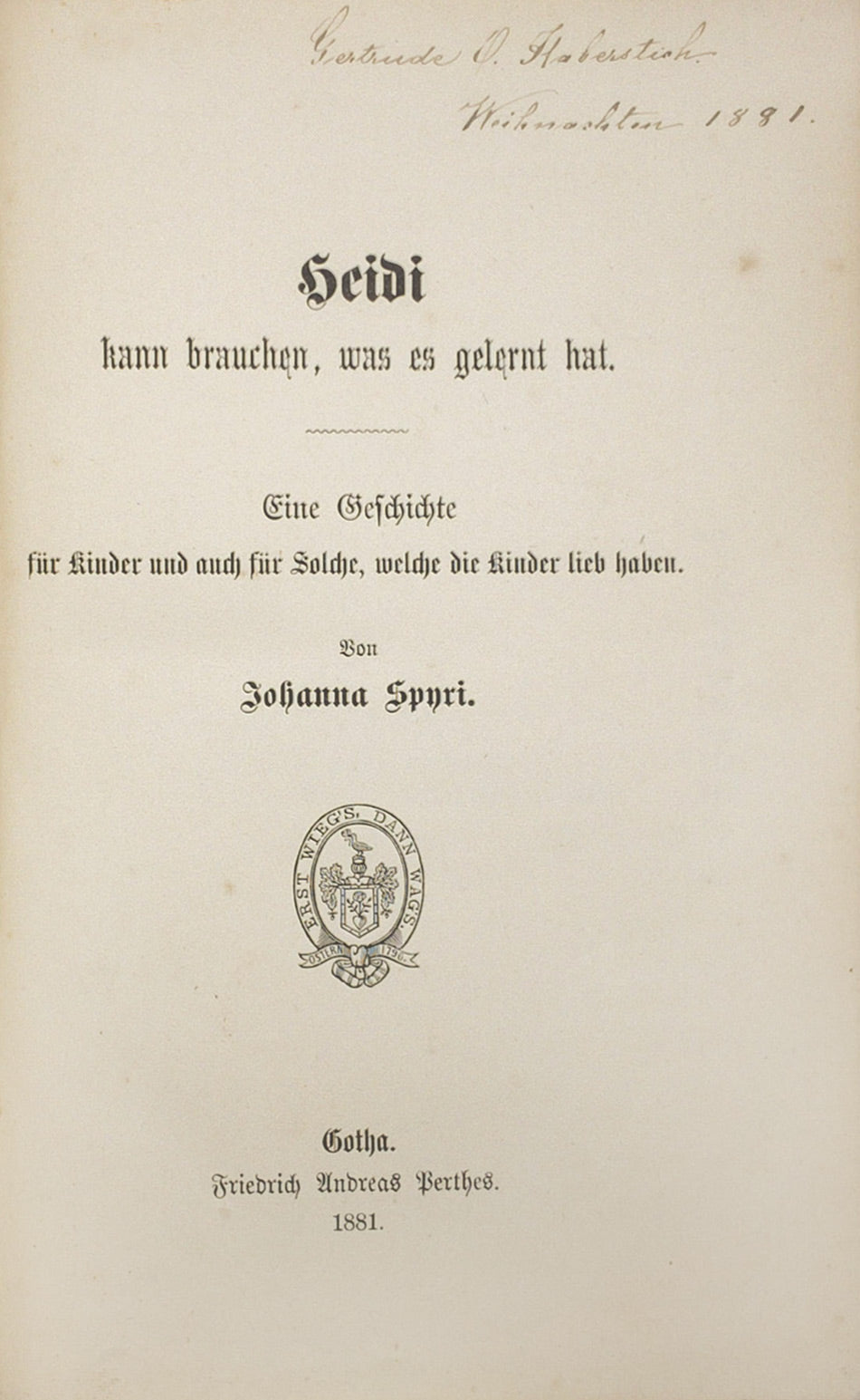 Scarce first edition of the continuation to Spyri's classic Heidi (1880). Both are rare to find in the original cloth, especially in such good condition