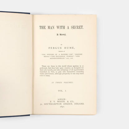 An early and uncommon first edition three-decker mystery novel by Hume.