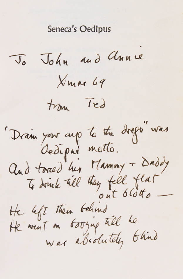 A very good first edition example of this collection of poems by Ted Hughes, with a complex Oedipal verse ion the poet's hand. 