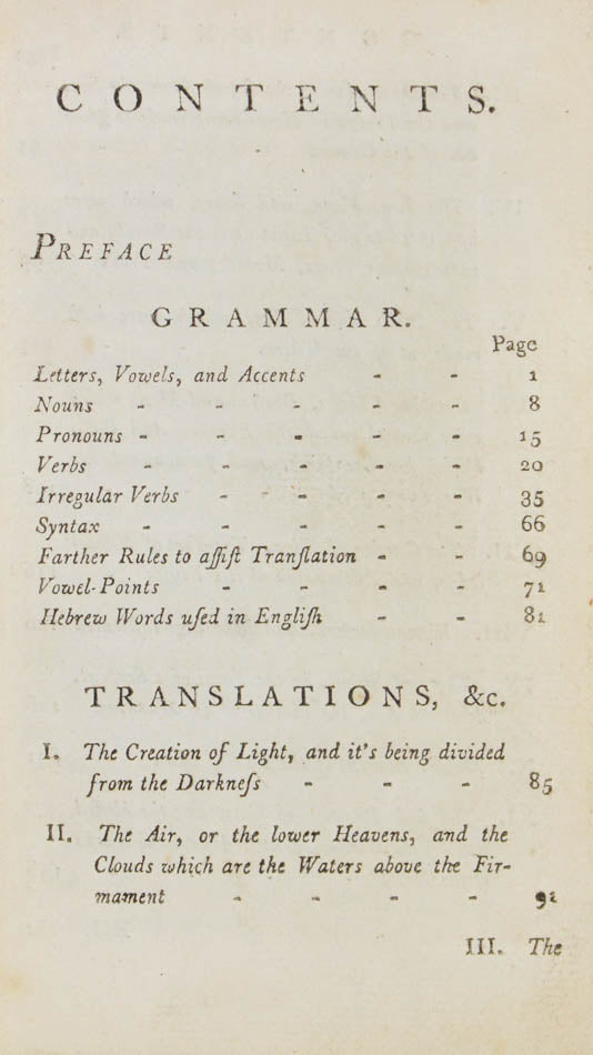 A Hebrew grammar manual containing additional select pieces of Hebrew poetry. Contains a list of subscribers at the end of the volume. 
