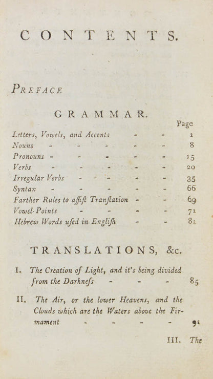 A Hebrew grammar manual containing additional select pieces of Hebrew poetry. Contains a list of subscribers at the end of the volume. 