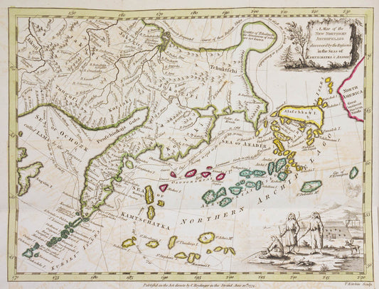 First English edition of an important work in north-west coast exploration. Map depicts Alaska as an island and shows routes taken by Russian expeditions