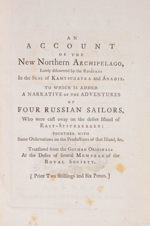 First English edition of an important work in north-west coast exploration. Map depicts Alaska as an island and shows routes taken by Russian expeditions