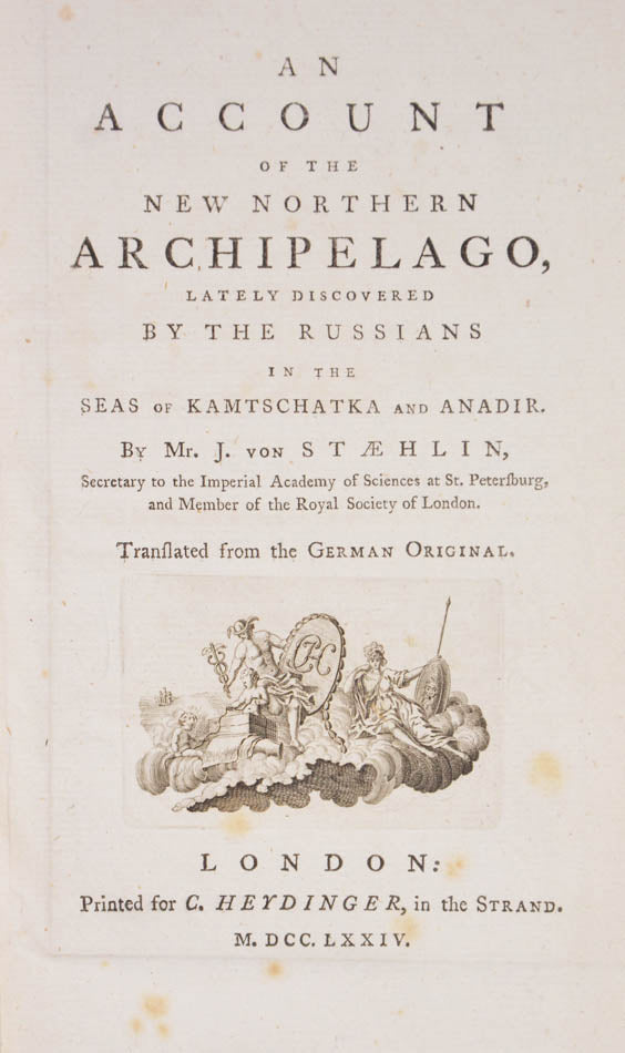 First English edition of an important work in north-west coast exploration. Map depicts Alaska as an island and shows routes taken by Russian expeditions