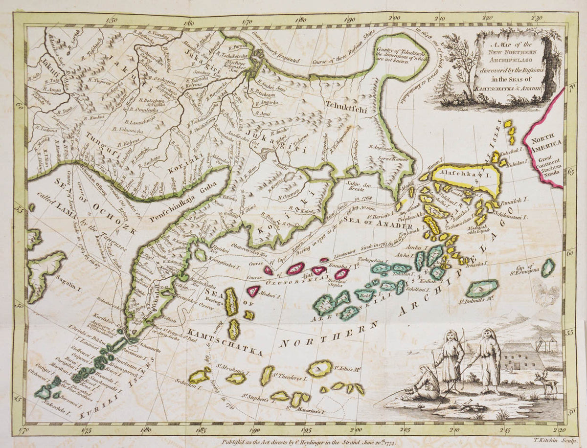 First English edition of an important work in north-west coast exploration. Map depicts Alaska as an island and shows routes taken by Russian expeditions