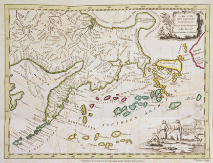 First English edition of an important work in north-west coast exploration. Map depicts Alaska as an island and shows routes taken by Russian expeditions