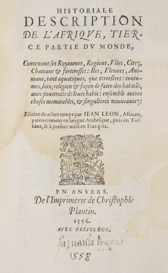 The first book on Africa written by an African. The woodcuts include personifications of Africa, Arabia, Egypt, Alexandria and the Nile.