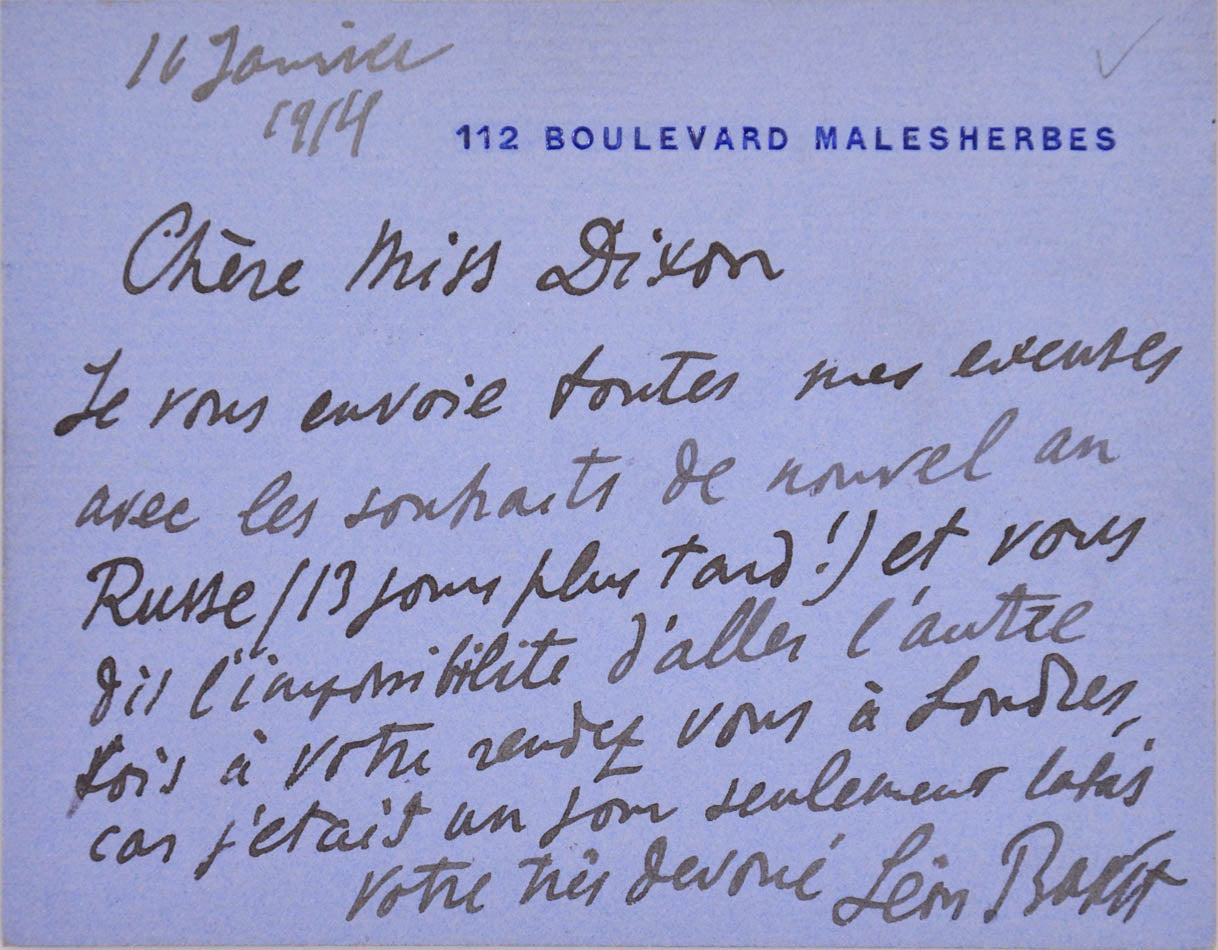 Autograph letter from Leon Bakst to Ella Hepworth Dixon.