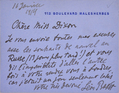 Autograph letter from Leon Bakst to Ella Hepworth Dixon.