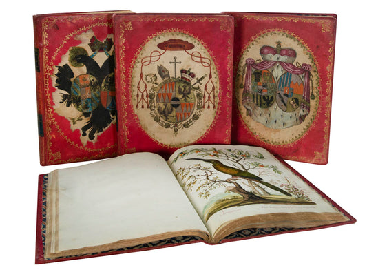 rich botanical and architectural decoration extending beyond the engraved matter. The copy has been enhanced by the addition of 15 original watercolours 