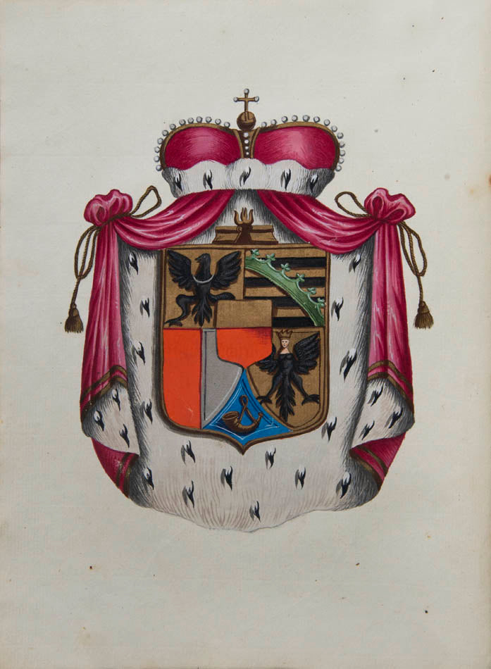 rich botanical and architectural decoration extending beyond the engraved matter. The copy has been enhanced by the addition of 15 original watercolours 