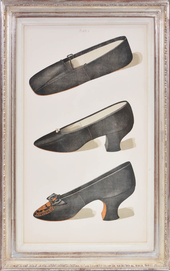 ladies' shoes illustrated that have all belonged to and been worn by ladies of the 19th century. Each page has nearly life sized shoe.<br />