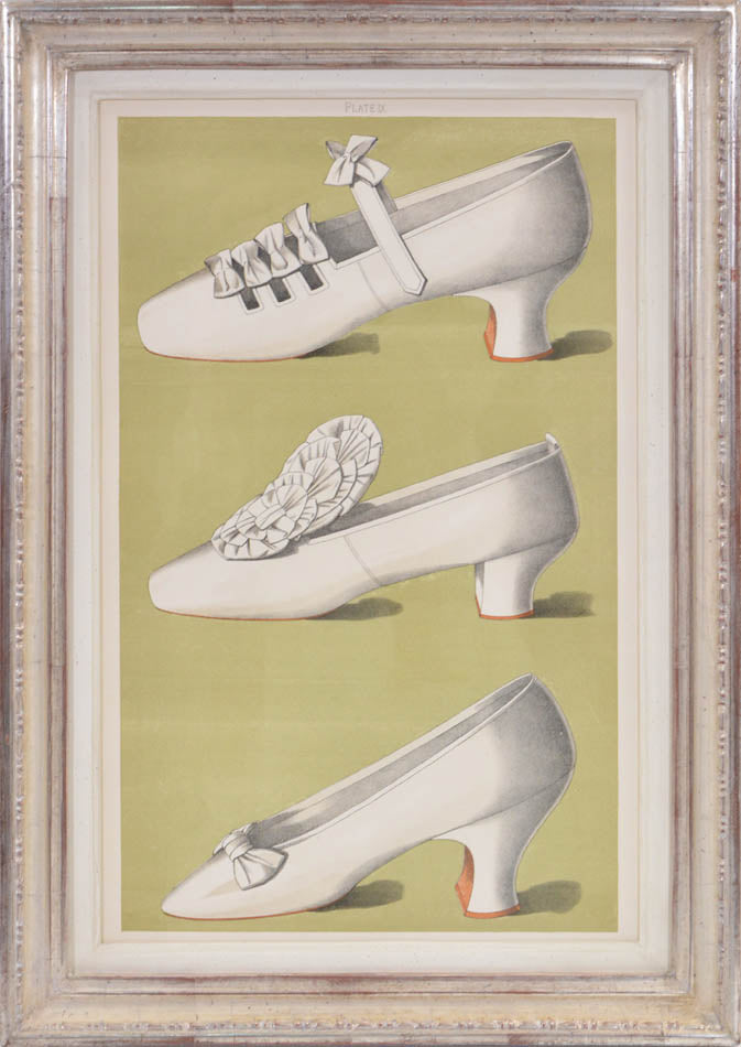 ladies' shoes illustrated that have all belonged to and been worn by ladies of the 19th century. Each page has nearly life sized shoe.<br />