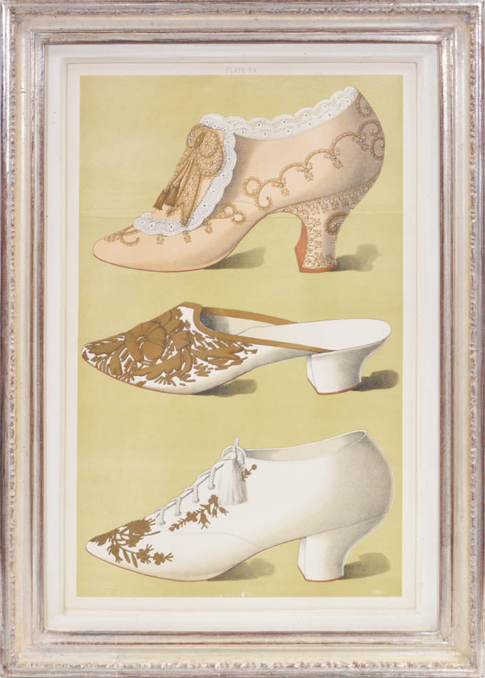 ladies' shoes illustrated that have all belonged to and been worn by ladies of the 19th century. Each page has nearly life sized shoe.<br />