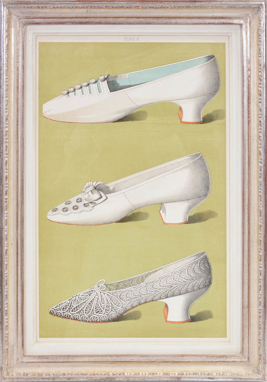 ladies' shoes illustrated that have all belonged to and been worn by ladies of the 19th century. Each page has nearly life sized shoe.<br />