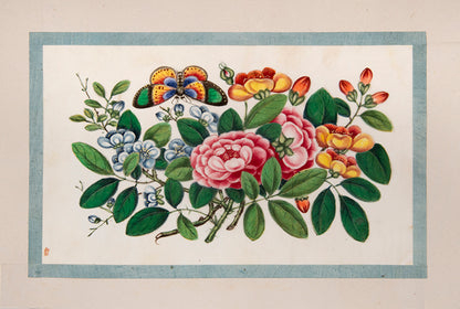 A fine group of Chinese export watercolours showing flowers and butterflies.