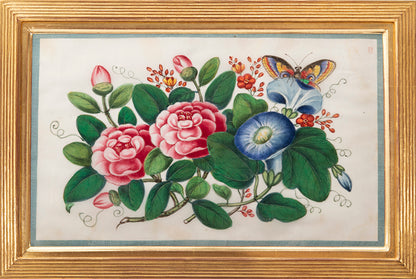 A fine group of Chinese export watercolours showing flowers and butterflies.
