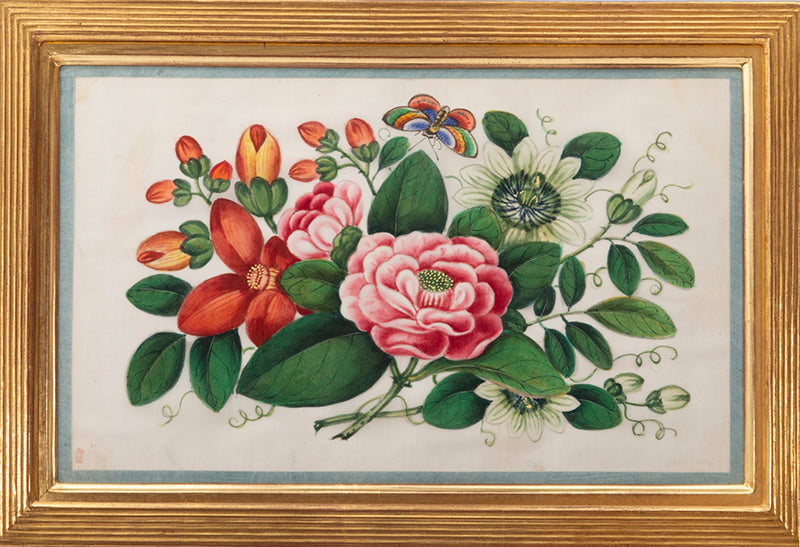 A fine group of Chinese export watercolours showing flowers and butterflies.