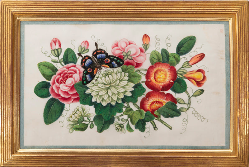 A fine group of Chinese export watercolours showing flowers and butterflies.