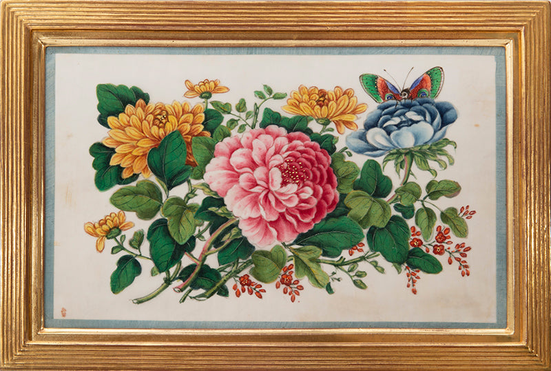 A fine group of Chinese export watercolours showing flowers and butterflies.