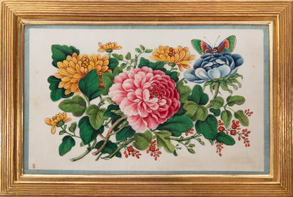 A fine group of Chinese export watercolours showing flowers and butterflies.