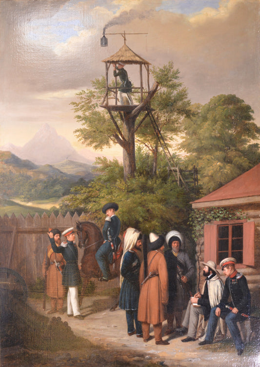 Oil on canvas. The dramatic landscape of the Caucasus was an amphitheatre for Russian military action for most part of the 19th century.