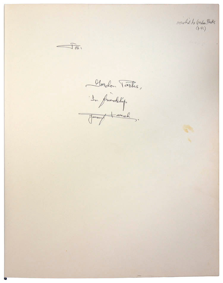 An attractive dedication copy of Karsh's striking portraits. The photographer has inscribed this copy 'To: Gordon Parks, in friendship, Yousuf Karsh'. 