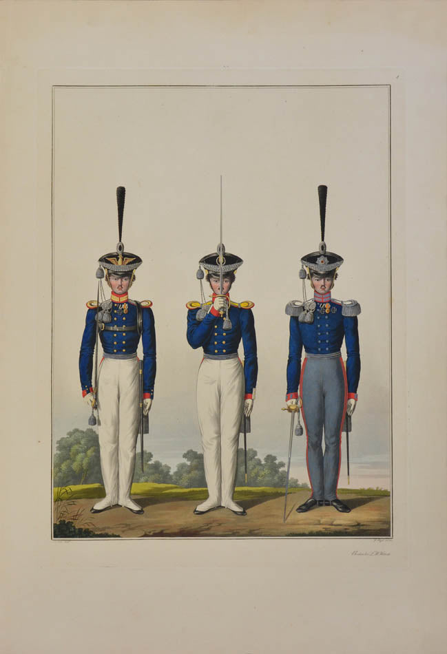 The artist, Friedrich Lieder, depicts uniforms and badges for each Prussian army corps, the quatint engraving was completed by Jügel. 