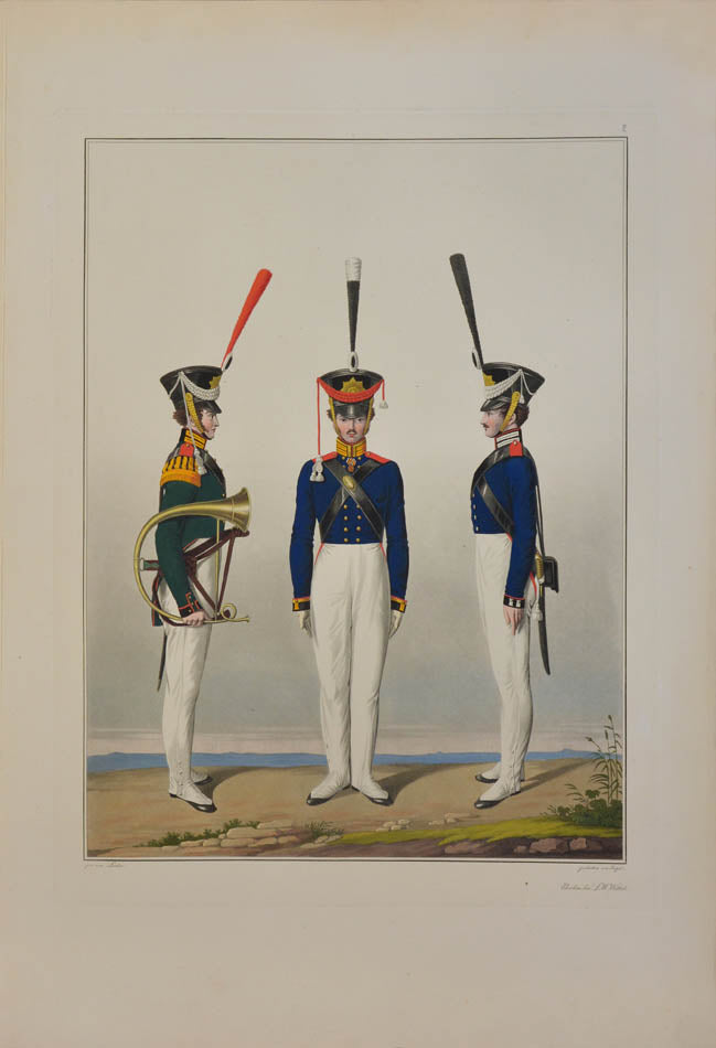 The artist, Friedrich Lieder, depicts uniforms and badges for each Prussian army corps, the quatint engraving was completed by Jügel. 