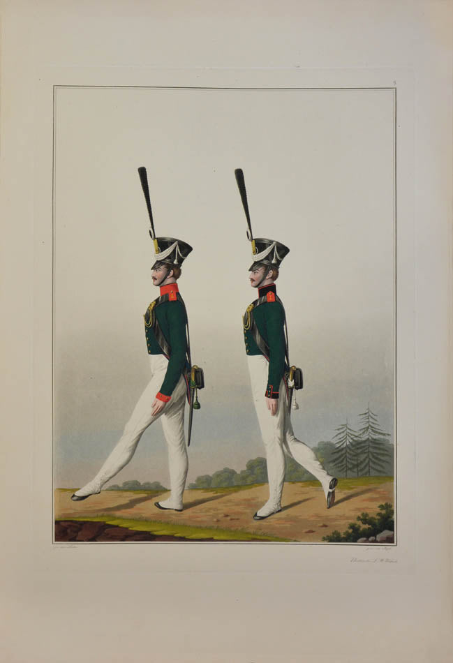 The artist, Friedrich Lieder, depicts uniforms and badges for each Prussian army corps, the quatint engraving was completed by Jügel. 