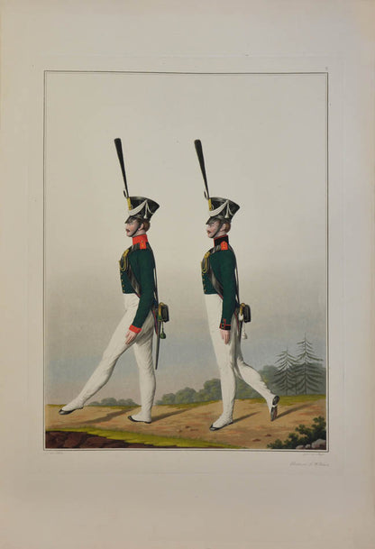 The artist, Friedrich Lieder, depicts uniforms and badges for each Prussian army corps, the quatint engraving was completed by Jügel. 